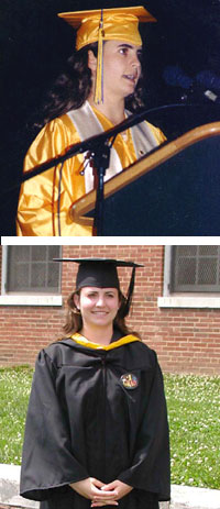 Abby Vogel's high school graduation in 1998 (top) and receiving her Master's degree in 2004 (bottom)
