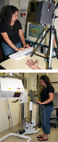 Abby Vogel uses a thermal camera to view the image of a human hand (top) and prepares the Laser doppler imager before a patient's arrival (bottom).