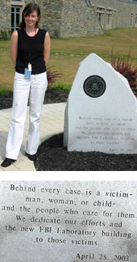 Angi Christensen shares the goal to work for victims, as inscribed on the laboratory building's dediction plaque (top) inset (bottom).
