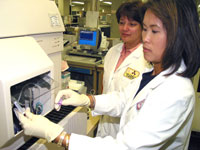 Chris King looks on as a colleague runs a test sample on the cell counter.