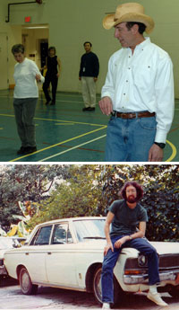 Dennis leads a line dance for other NIH employees in the campus gymnasium (top). Dennis sits on the hood of his car in San Juan, Puerto Rico, where he spent several years working for a public health program. His experiences prompted him to pursue a masters degree in health policy and management (bottom).