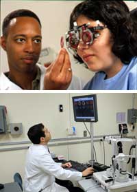 Dr. Chew’s colleague uses a phoropter on a patient, which is a tool that determines the refractive error (short or far sightedness) of the eye (top). Dr. Chew’s colleague is reviewing results from a fluorescein angiogram, which is used to look at the blood vessels in the eye (bottom).