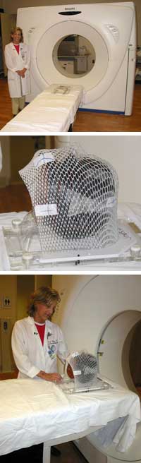Karen Ullman stands next to a CT scanner, equipment used which provides data that is helpful in planning a patient's radiation therapy (top). An immobilization mask is prepared for each patient and is used throughout the patient's treatment (center). Karen prepares for a CT scan using a model of a patient's head (bottom).