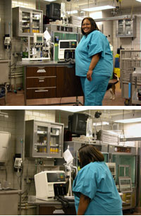 Katherine L. demonstrates the electrocardiogram (EKG) machine that she uses to monitor animal health.