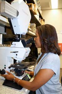 Nicole uses an epiflourescence microscope, which enables her to view flourescently labeled chromosomes for cancer diagnosis or to view genes of interest.