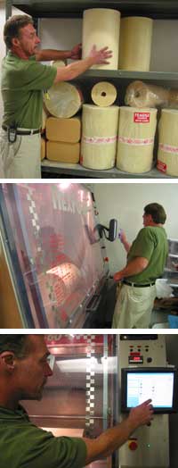 To make a prosthesis, Ron Dickey first chooses a foam cylinder (top) which fits into a covered hood (center) where it is trimmed to match a patient's stump. Precise measurements of a patient's stump are entered into a software program that dictates the automated sawing of the foam cylinder.