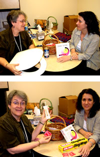 Tina Levin uses props, such as a toilet seat, soda can and sterile syringe to teach patients about how the HIV virus is and is not transmitted.